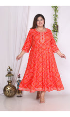 Plus Size Orange bandhani Print Flared Long Kurta-400003