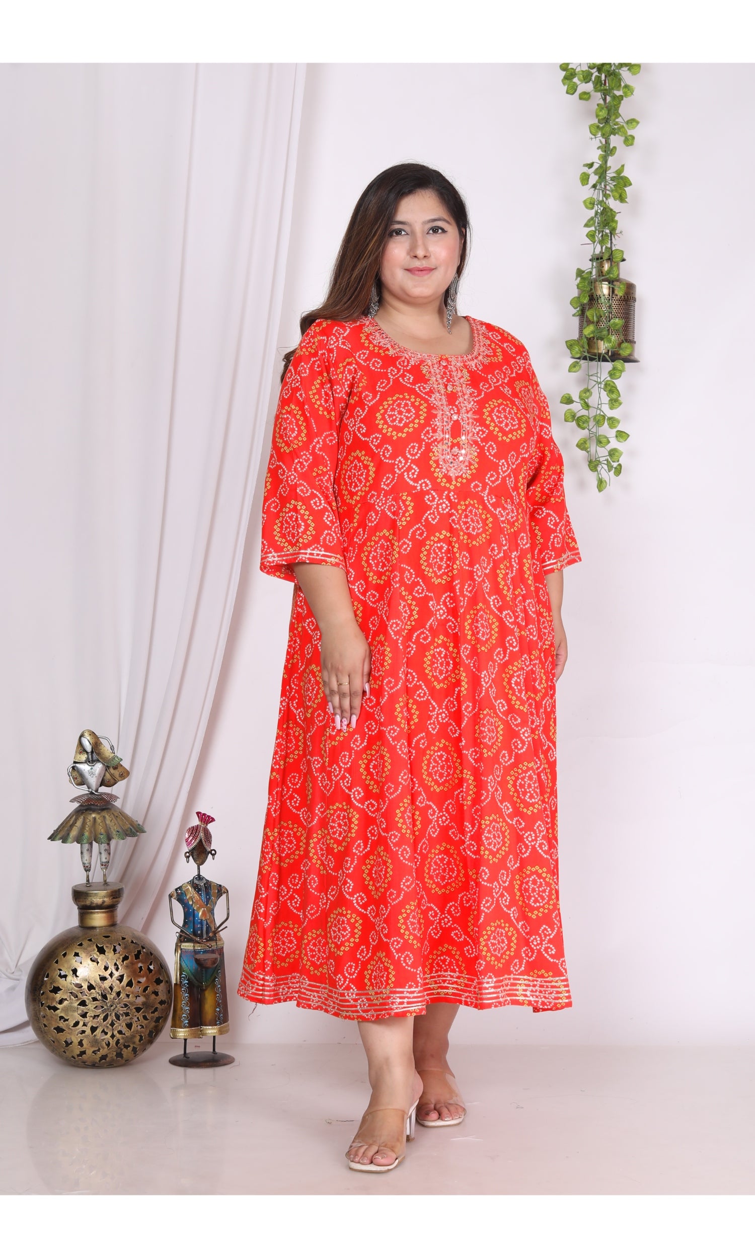 Plus Size Orange bandhani Print Flared Long Kurta-400003