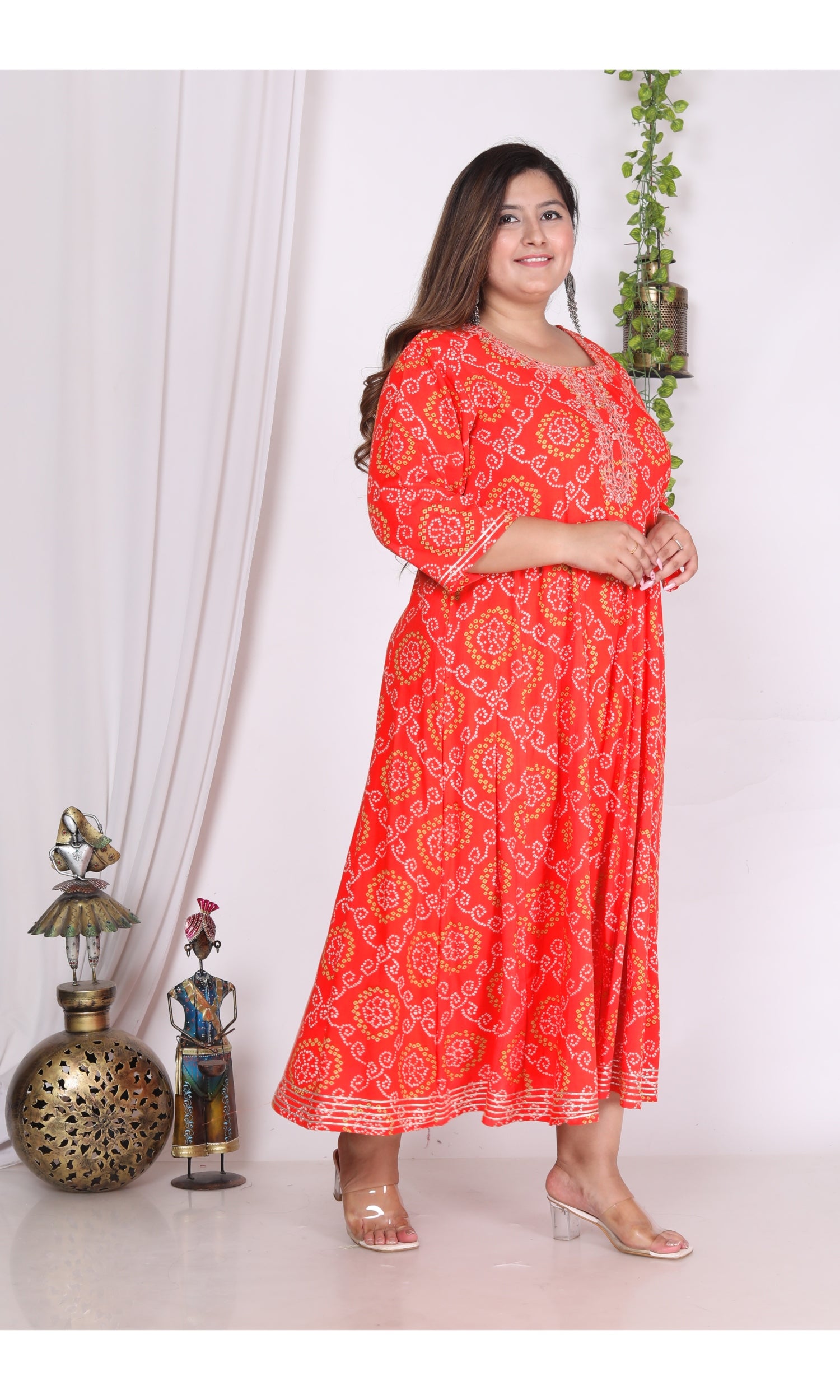 Plus Size Orange bandhani Print Flared Long Kurta-400003