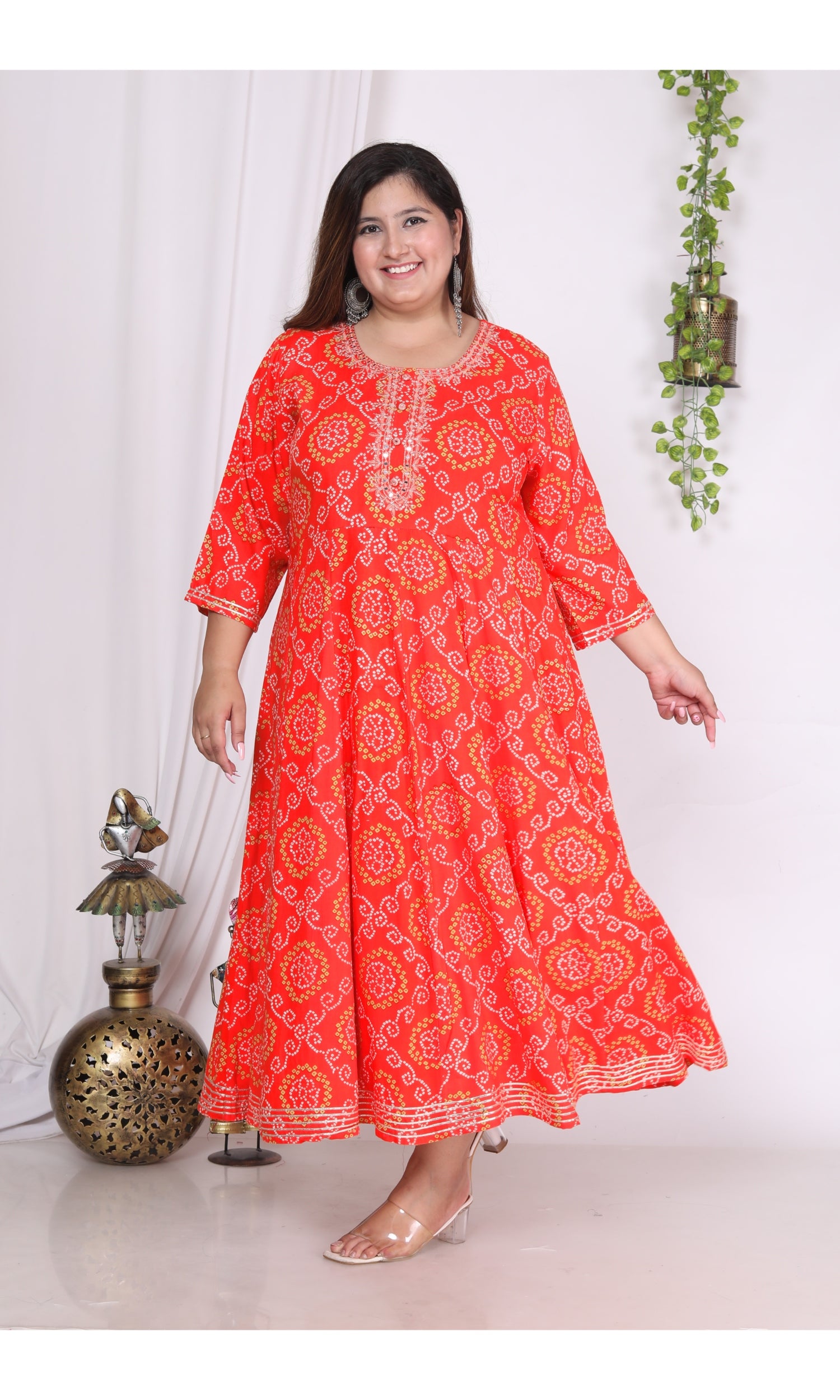 Plus Size Orange bandhani Print Flared Long Kurta-400003