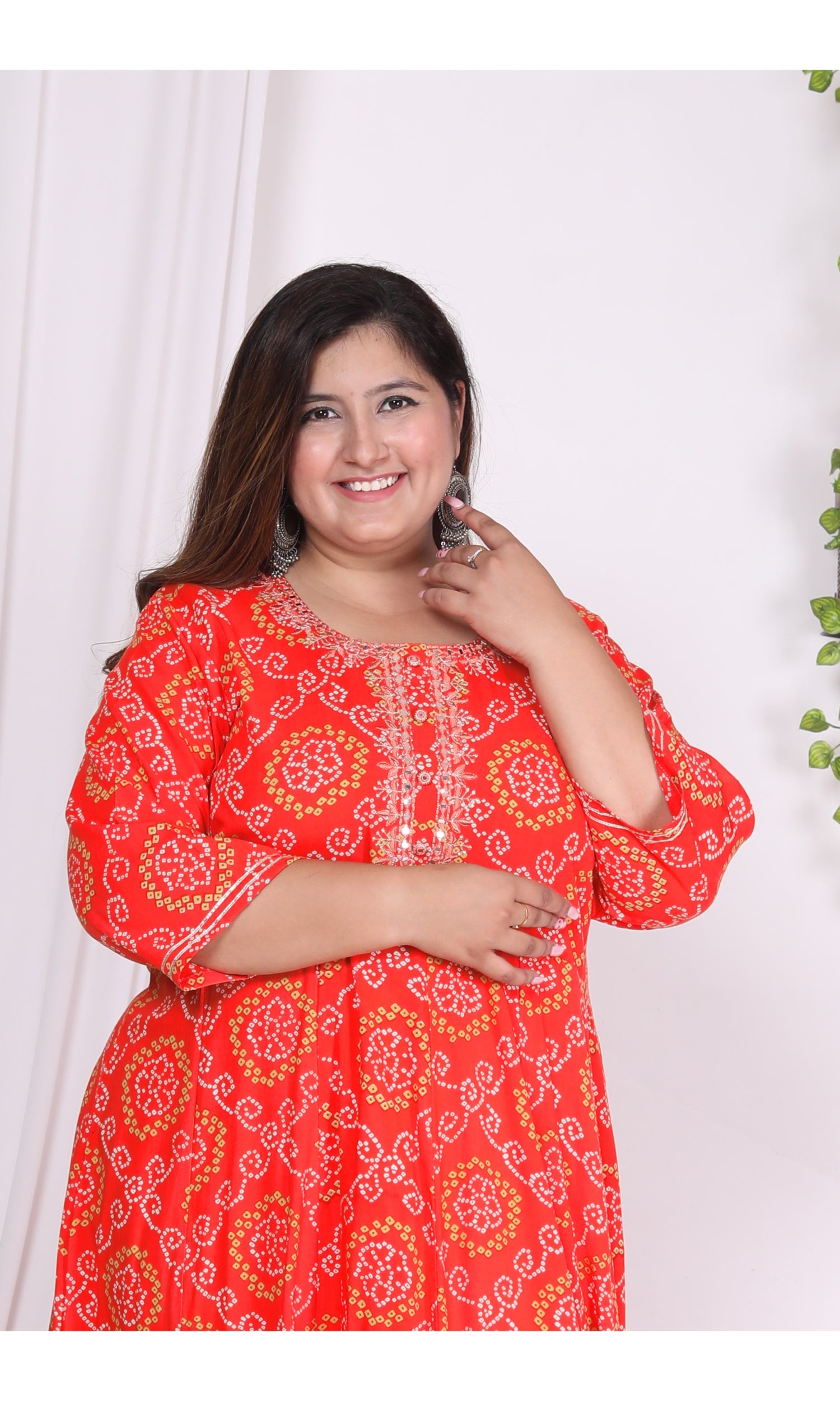 Plus Size Orange bandhani Print Flared Long Kurta-400003