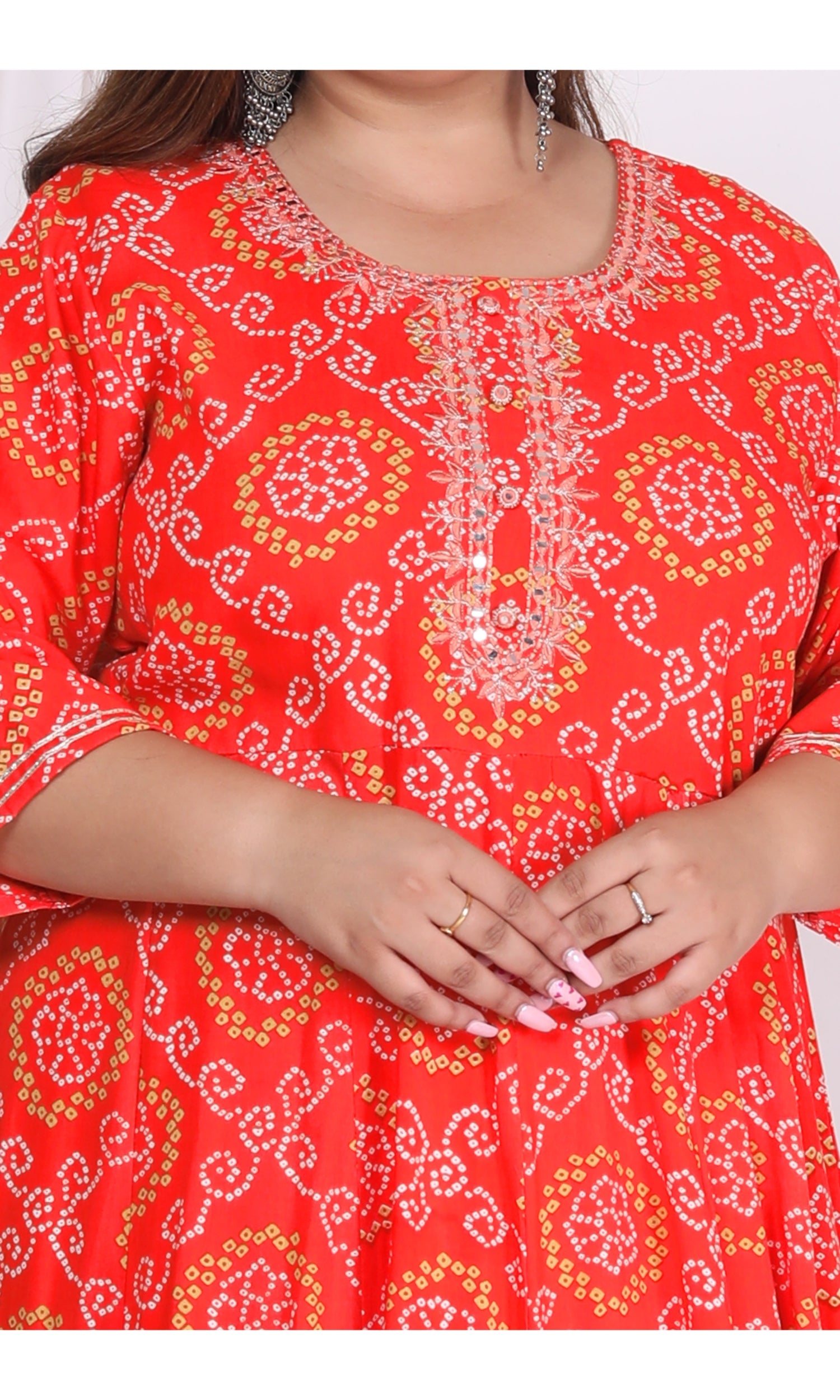 Plus Size Orange bandhani Print Flared Long Kurta-400003