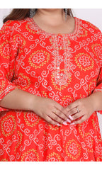 Plus Size Orange bandhani Print Flared Long Kurta-400003