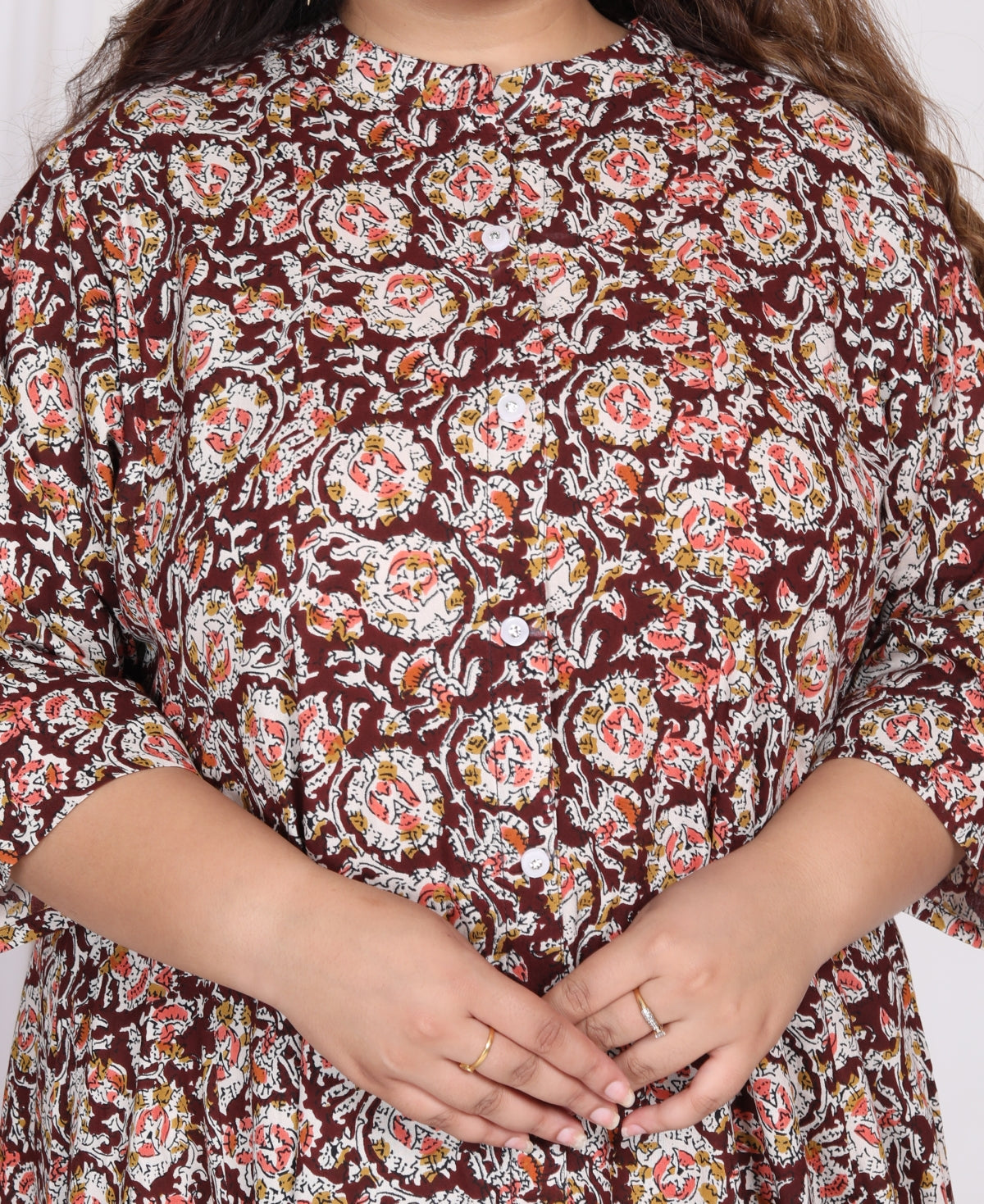 Plus Size Rust Cotton Floral Print A-line Gown-400008