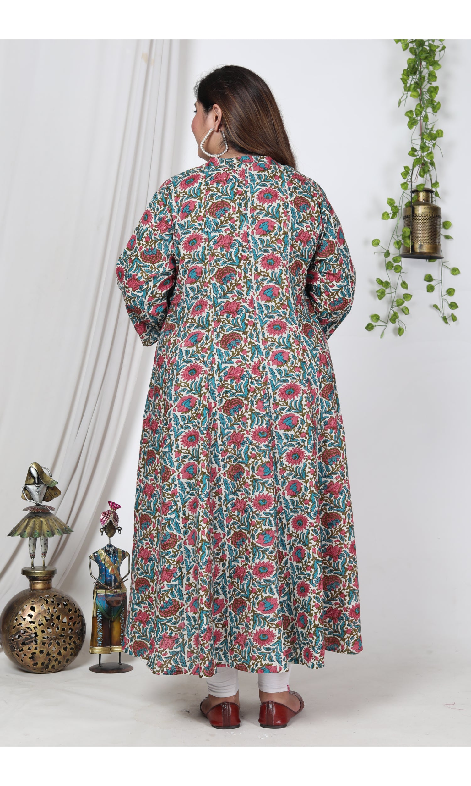 Plus Size Off White Cotton Blend Floral Print Gown-400001