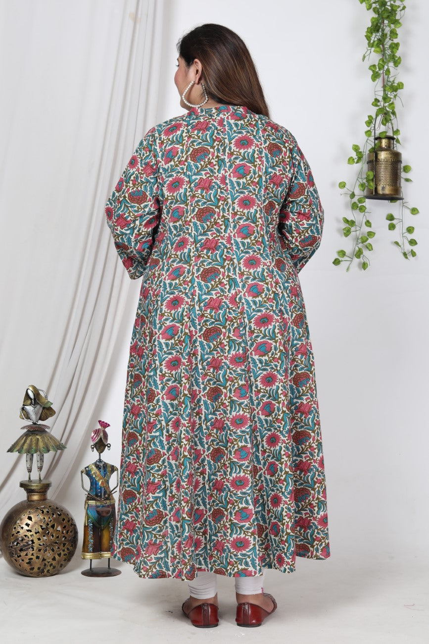 Plus Size Off White Cotton Blend Floral Print Gown-400001