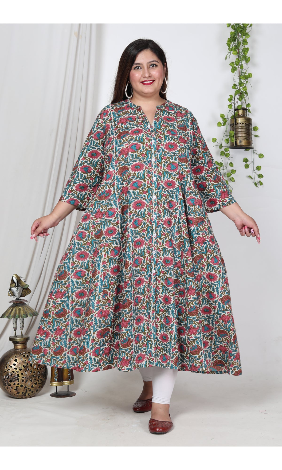 Plus Size Off White Cotton Blend Floral Print Gown-400001