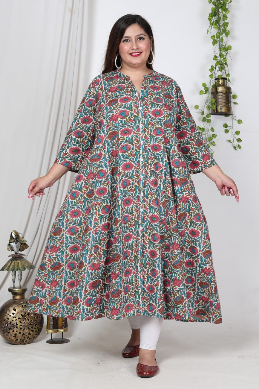 Plus Size Off White Cotton Blend Floral Print Gown-400001
