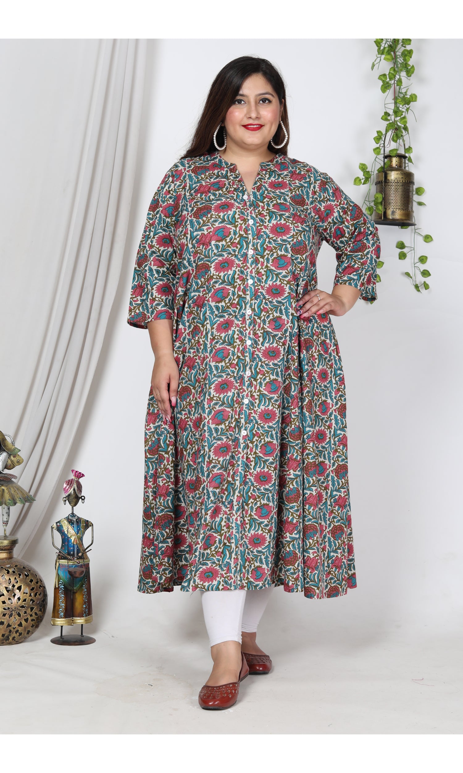 Plus Size Off White Cotton Blend Floral Print Gown-400001