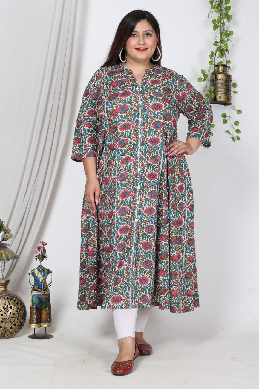 Plus Size Off White Cotton Blend Floral Print Gown-400001