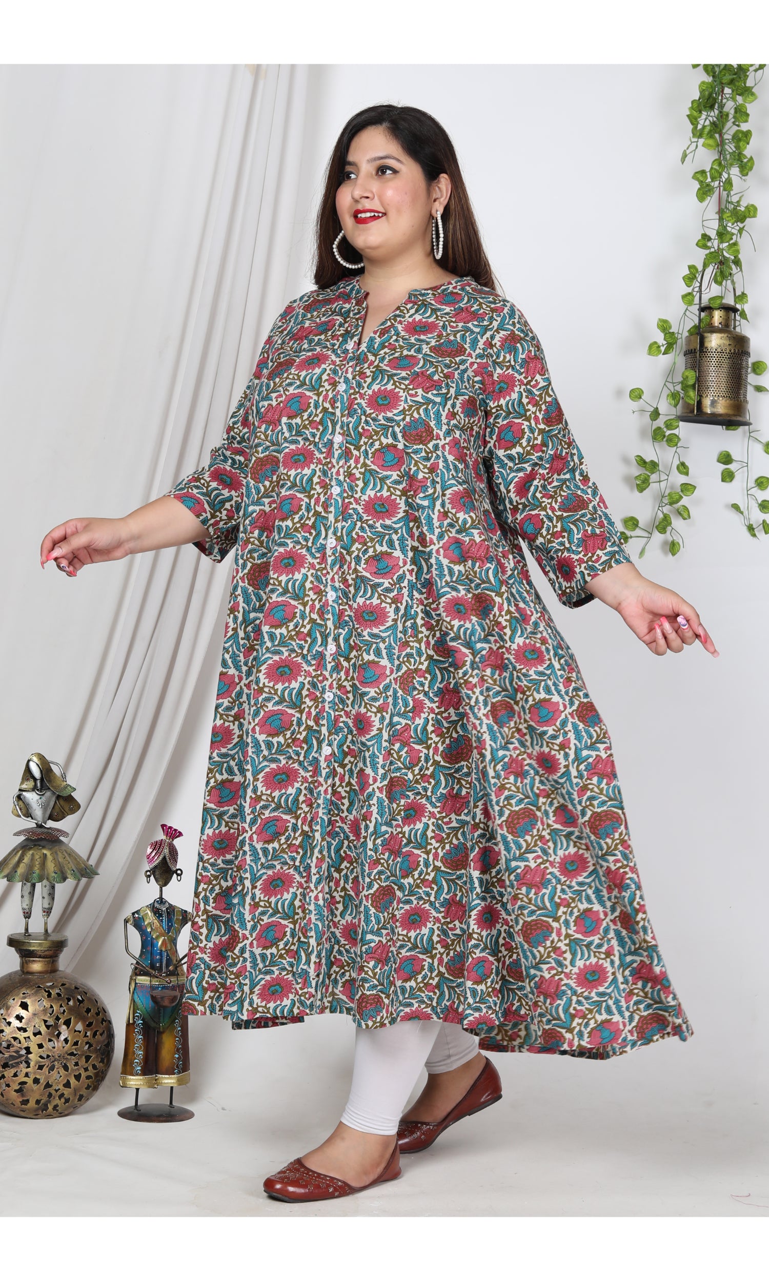Plus Size Off White Cotton Blend Floral Print Gown-400001