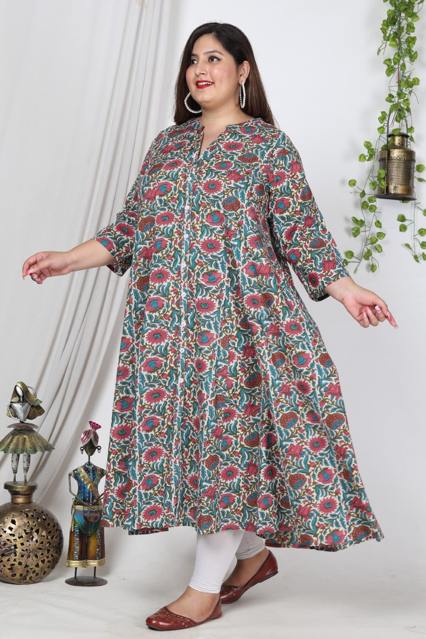 Plus Size Off White Cotton Blend Floral Print Gown-400001