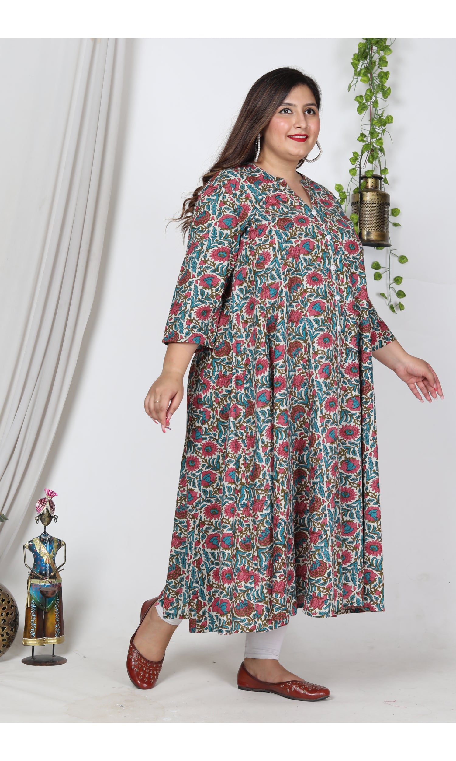Plus Size Off White Cotton Blend Floral Print Gown-400001