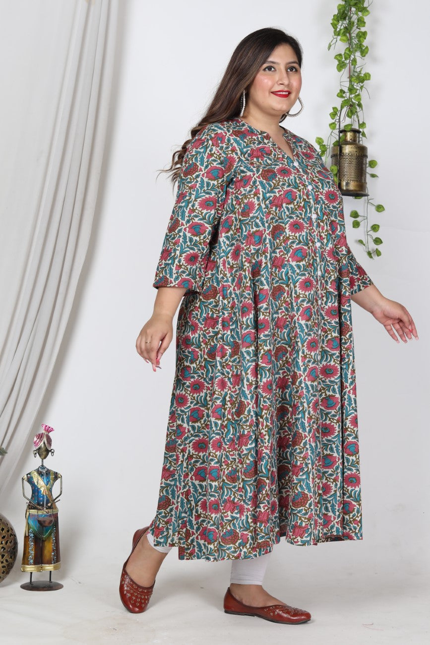 Plus Size Off White Cotton Blend Floral Print Gown-400001