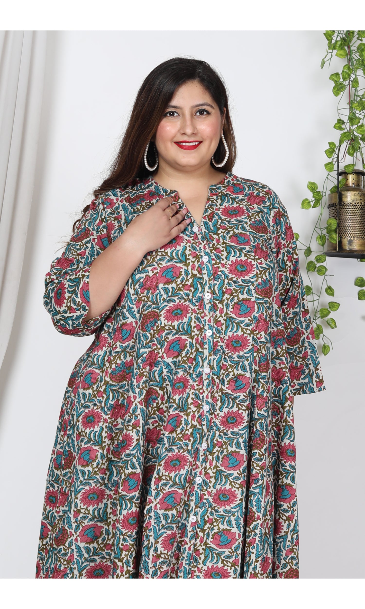 Plus Size Off White Cotton Blend Floral Print Gown-400001