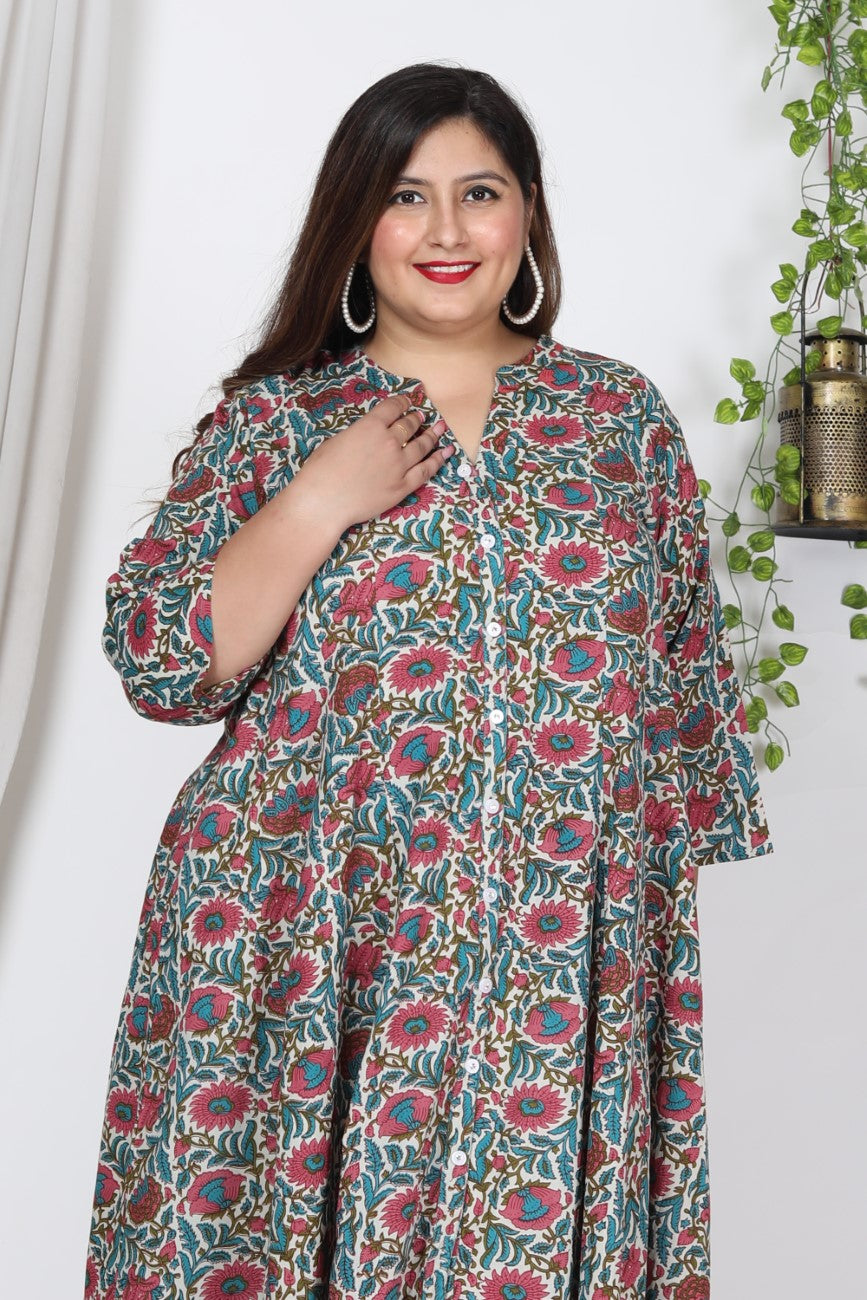 Plus Size Off White Cotton Blend Floral Print Gown-400001