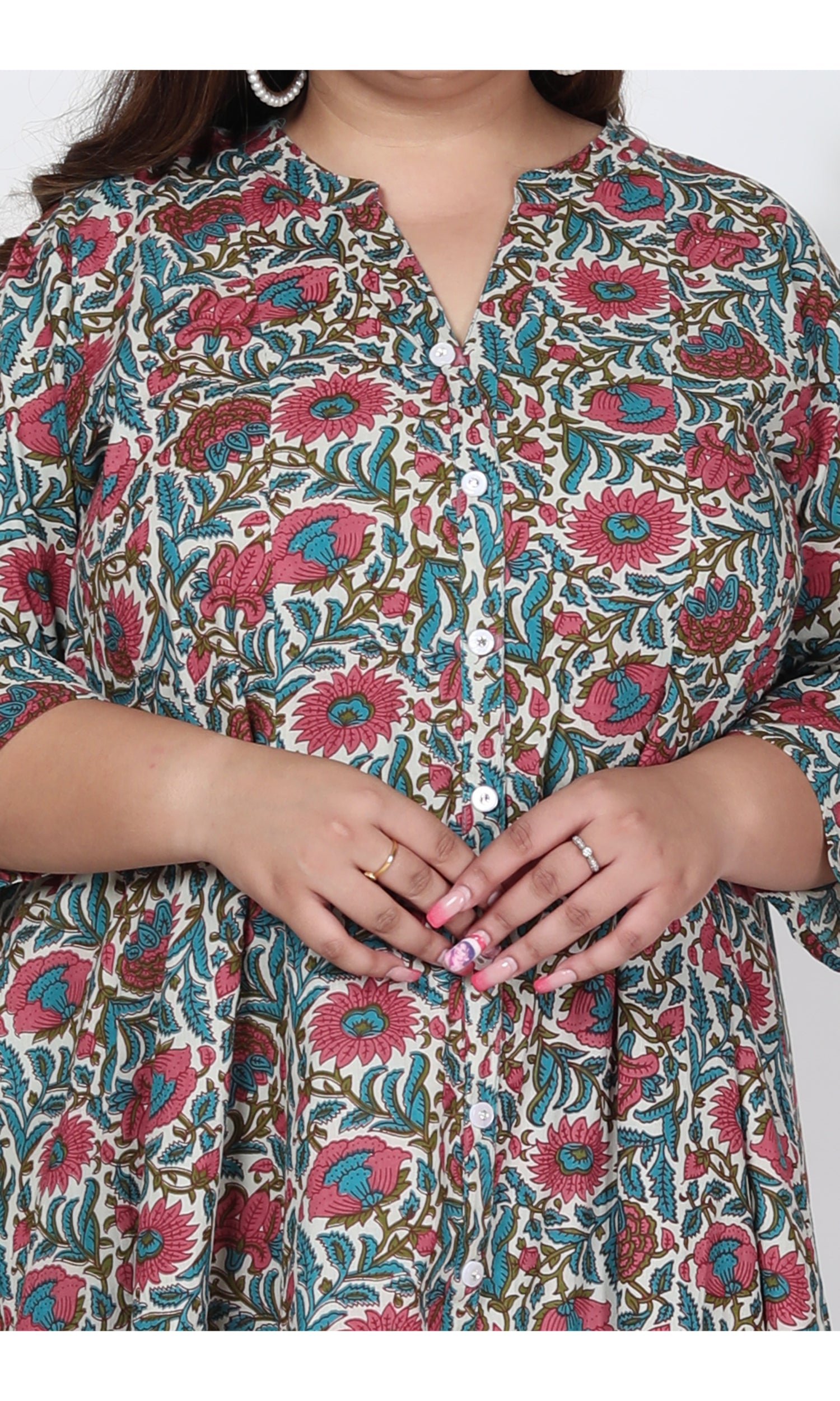 Plus Size Off White Cotton Blend Floral Print Gown-400001