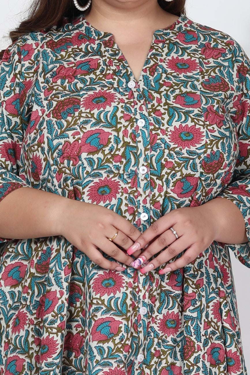 Plus Size Off White Cotton Blend Floral Print Gown-400001