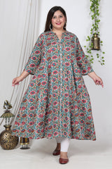Plus Size Off White Cotton Blend Floral Print Gown-400001