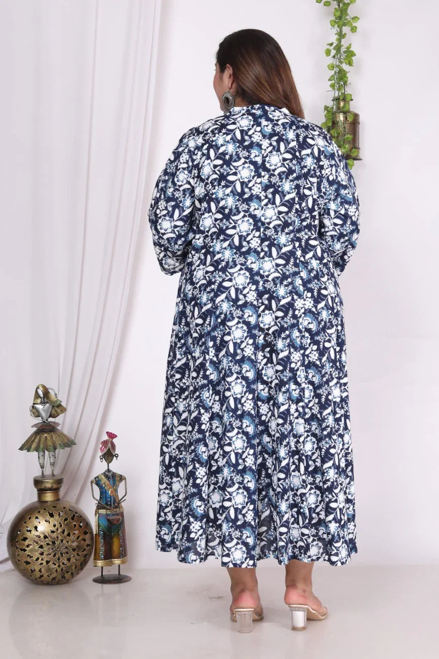 Plus Size Navy Blue  Floral Print Flared Long Kurta-400002 Secondary image