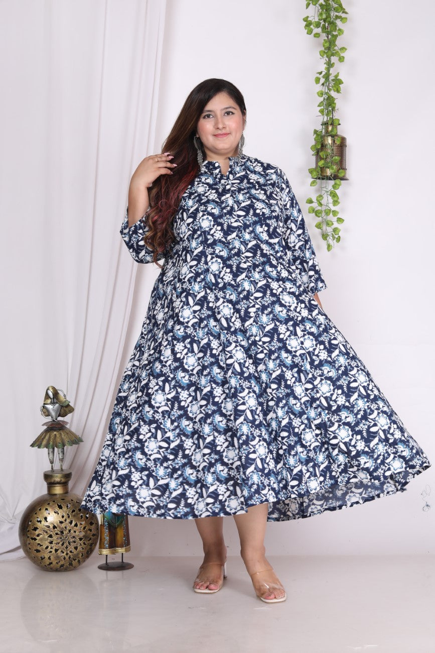 Plus Size Navy Blue  Floral Print Flared Long Kurta-400002