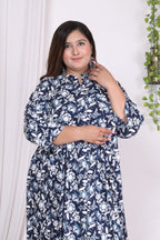 Plus Size Navy Blue  Floral Print Flared Long Kurta-400002