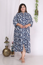 Plus Size Navy Blue  Floral Print Flared Long Kurta-400002