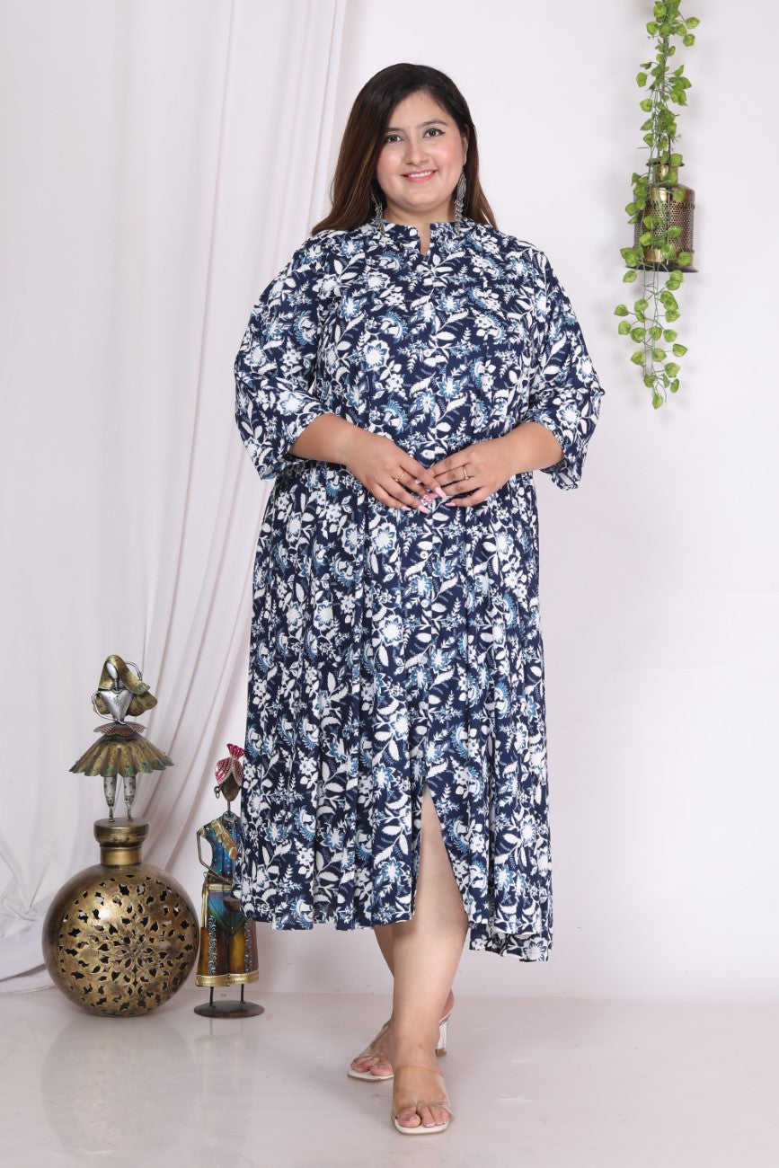Plus Size Navy Blue  Floral Print Flared Long Kurta-400002