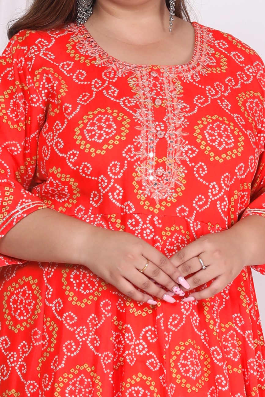 Plus Size Orange bandhani Print Flared Long Kurta-400003