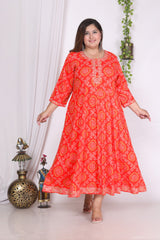 Plus Size Orange bandhani Print Flared Long Kurta-400003