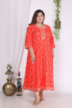 Plus Size Orange bandhani Print Flared Long Kurta-400003