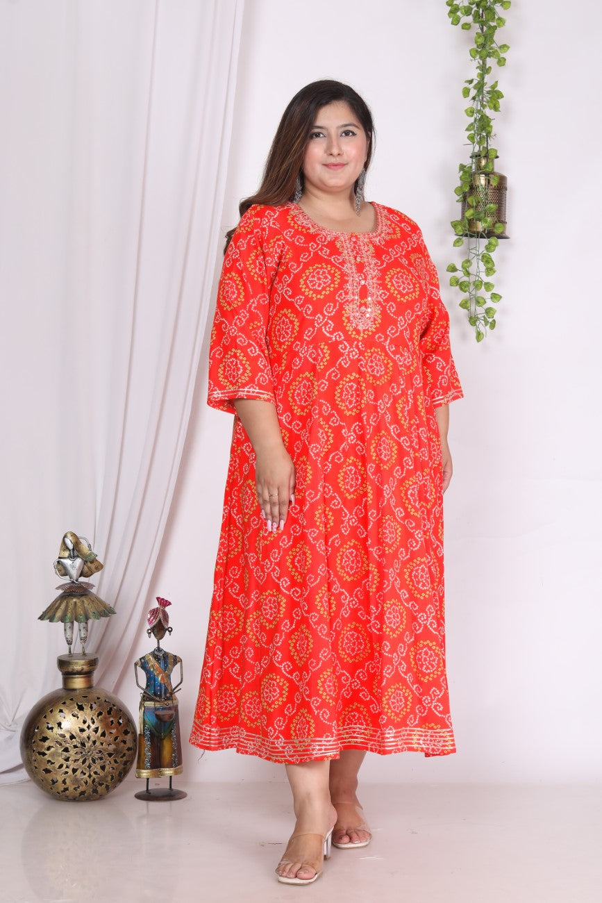 Plus Size Orange bandhani Print Flared Long Kurta-400003