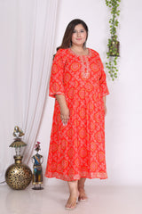Plus Size Orange bandhani Print Flared Long Kurta-400003