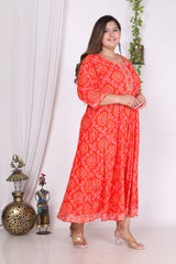Plus Size Orange bandhani Print Flared Long Kurta-400003