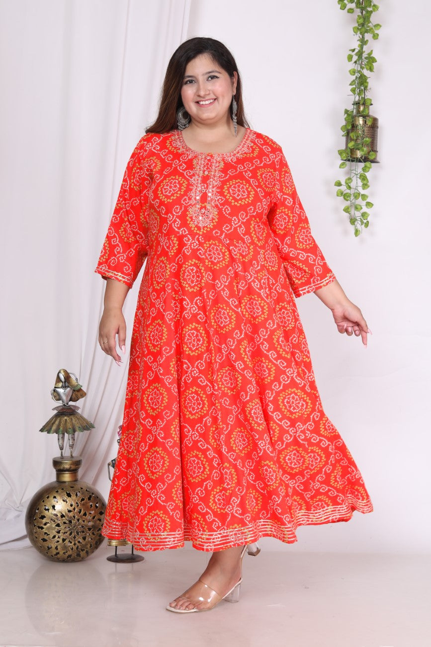 Plus Size Orange bandhani Print Flared Long Kurta-400003