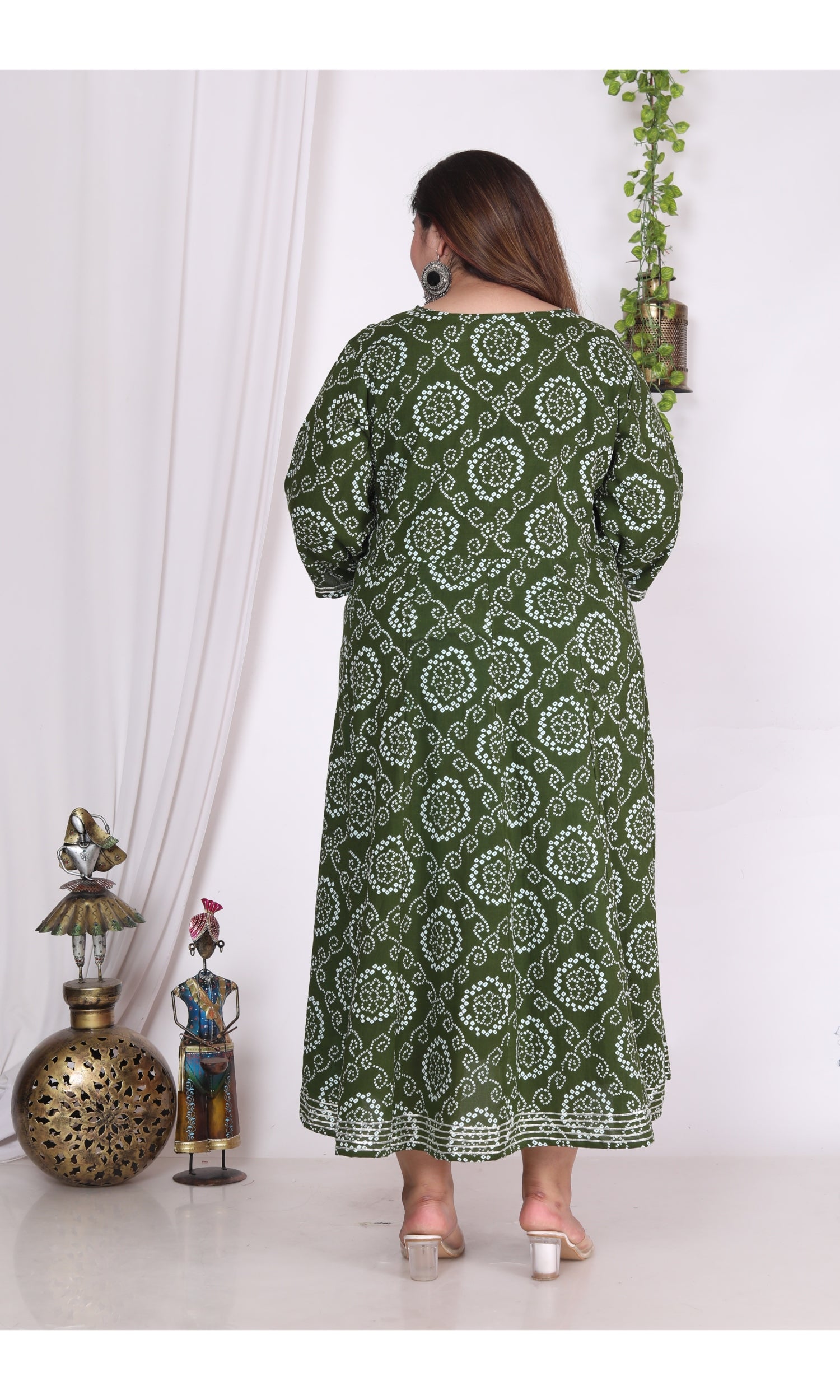 Plus Size Green Print Flared Long Kurta-400004