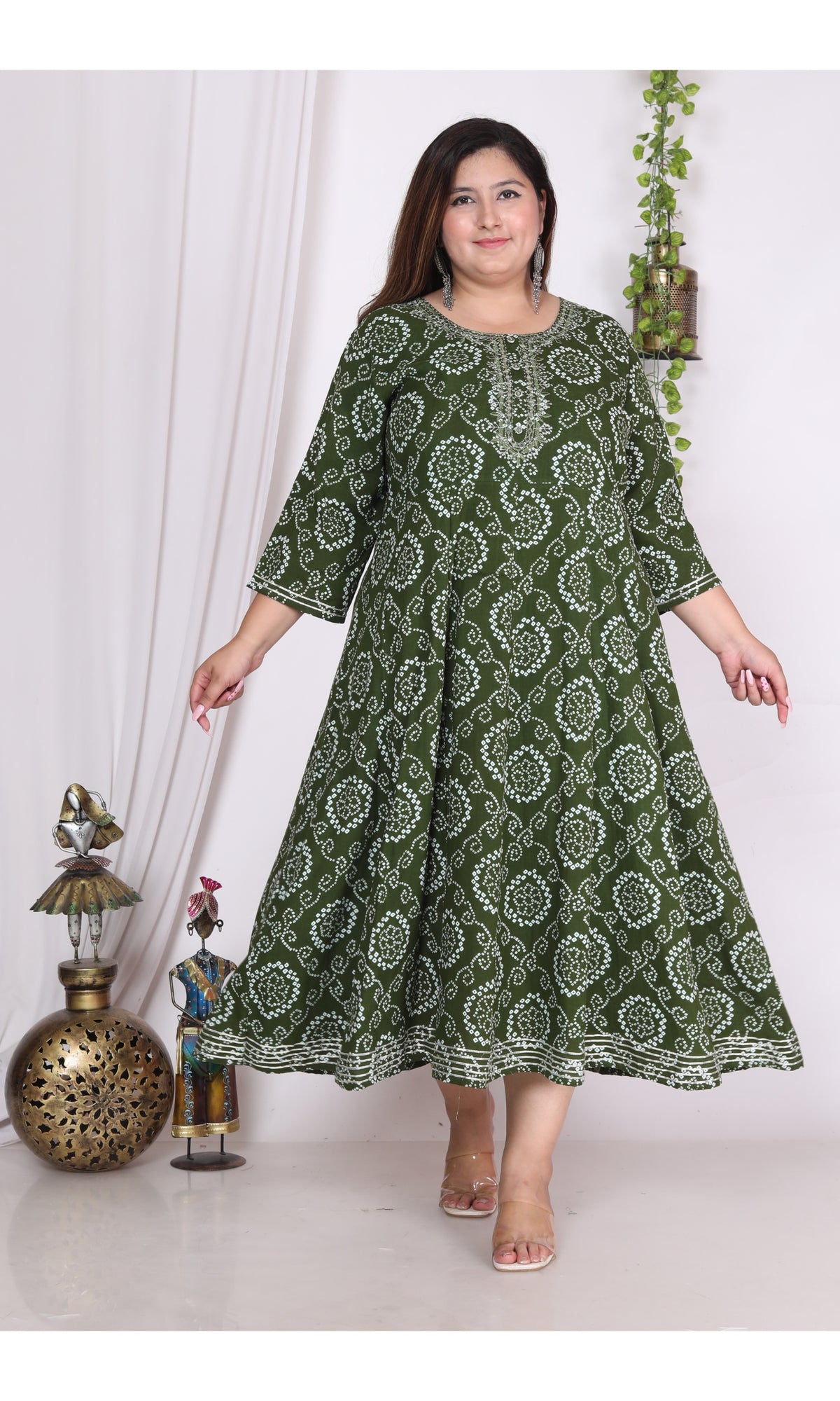 Plus Size Green Print Flared Long Kurta-400004