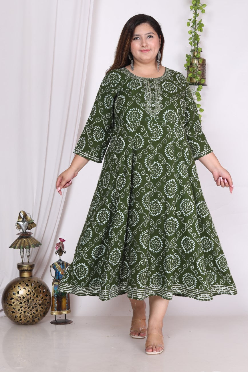 Plus Size Green Print Flared Long Kurta-400004 Secondary image