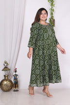 Plus Size Green Print Flared Long Kurta-400004