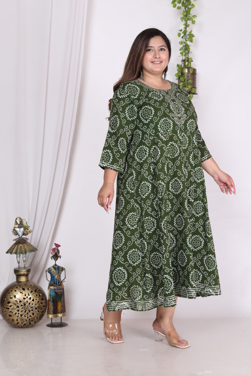 Plus Size Green Print Flared Long Kurta-400004