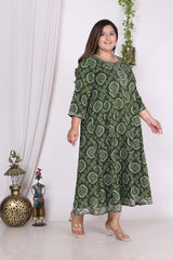 Plus Size Green Print Flared Long Kurta-400004
