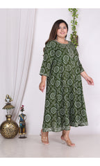 Plus Size Green Print Flared Long Kurta-400004