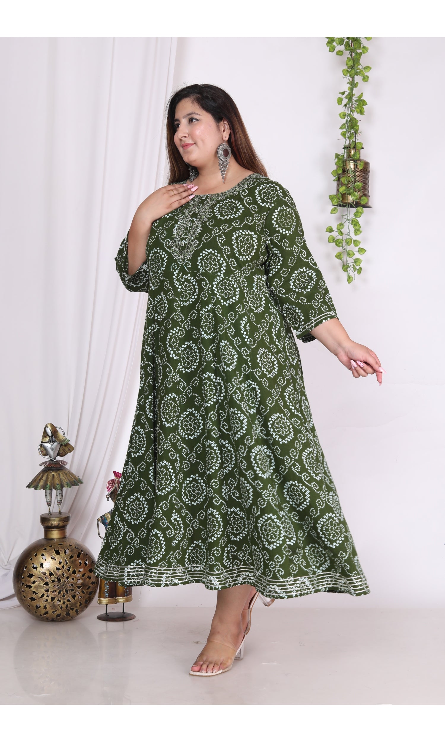 Plus Size Green Print Flared Long Kurta-400004