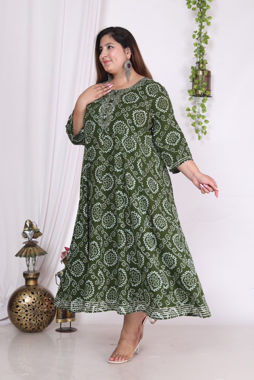 Plus Size Green Print Flared Long Kurta-400004