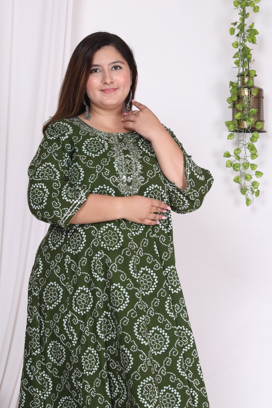 Plus Size Green Print Flared Long Kurta-400004