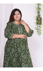 Plus Size Green Print Flared Long Kurta-400004