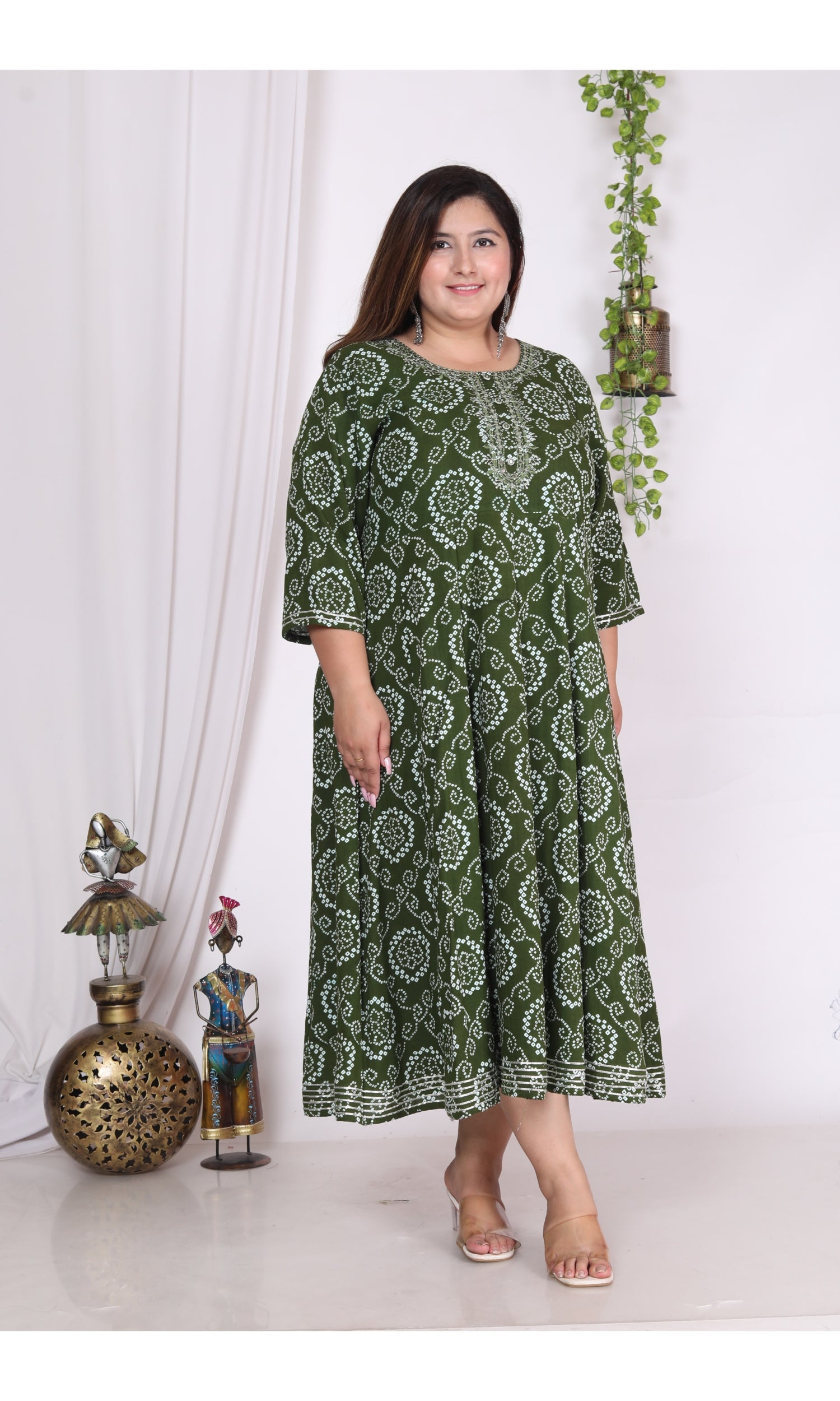 Plus Size Green Print Flared Long Kurta-400004