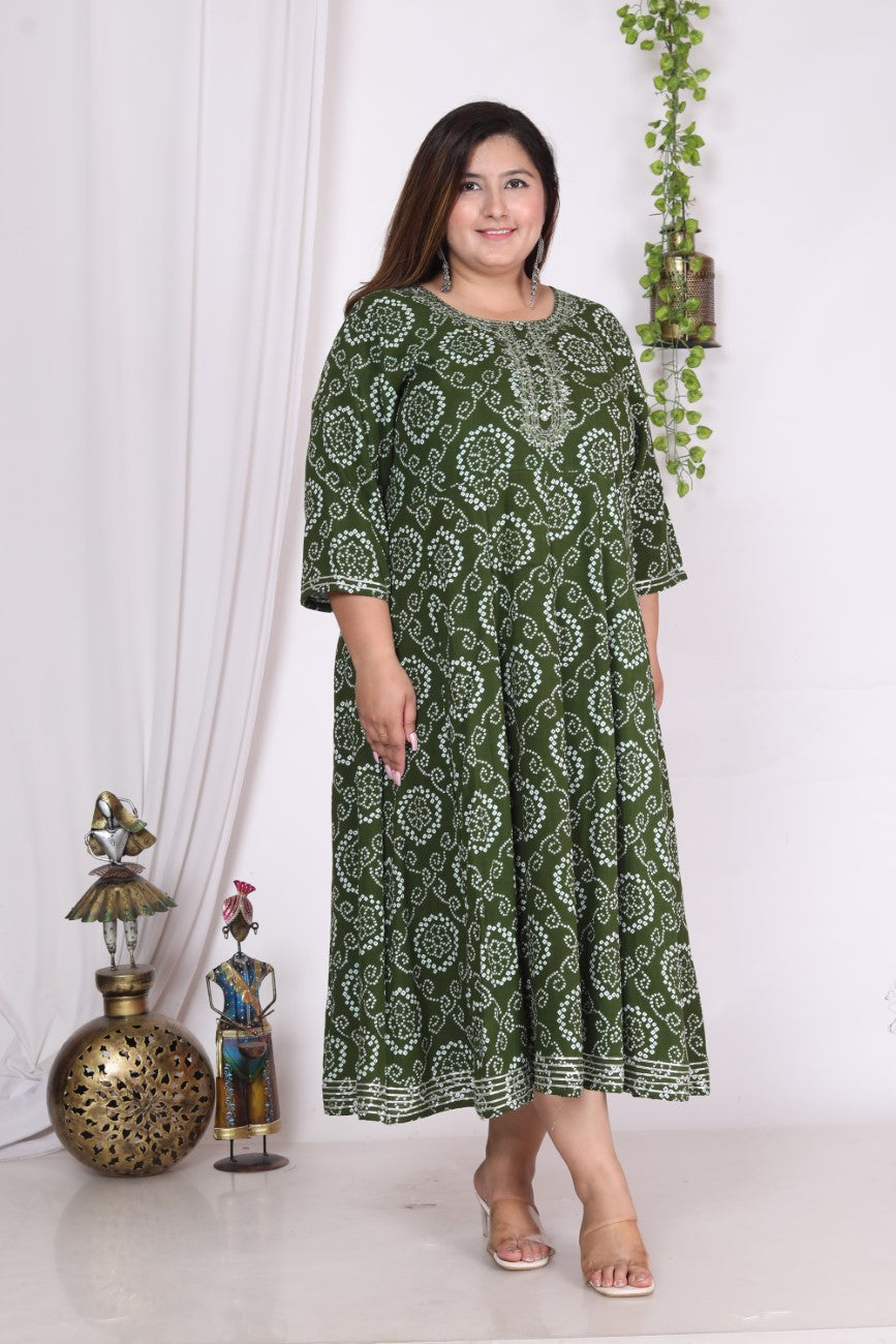 Plus Size Green Print Flared Long Kurta-400004