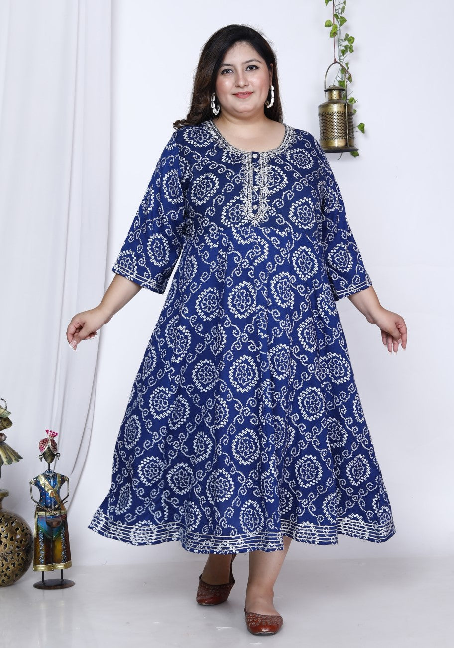 Plus Size Blue Bandhani Print Flared Long Kurta-400005 Main image