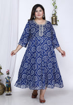 Plus Size Blue Bandhani Print Flared Long Kurta-400005